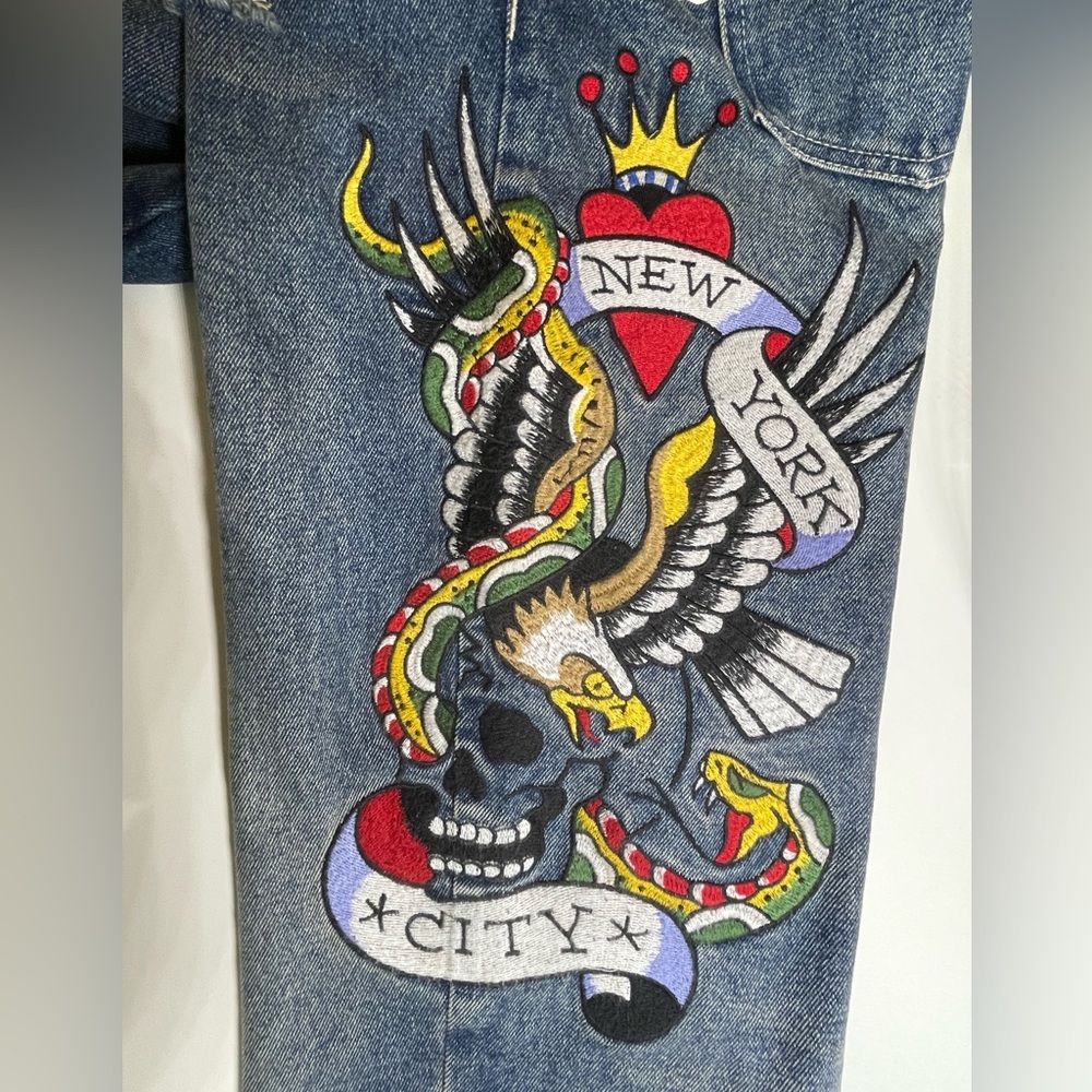 NWT Ed Hardy Jeans Size 38 New York City Skull Eagle Mens Embroidered Slim Taper
